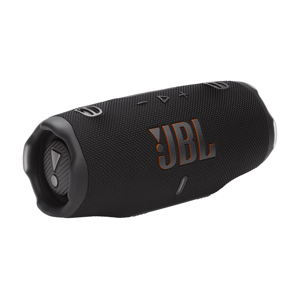 Black JBL Charge 6 portable Bluetooth speaker with orange logo detail