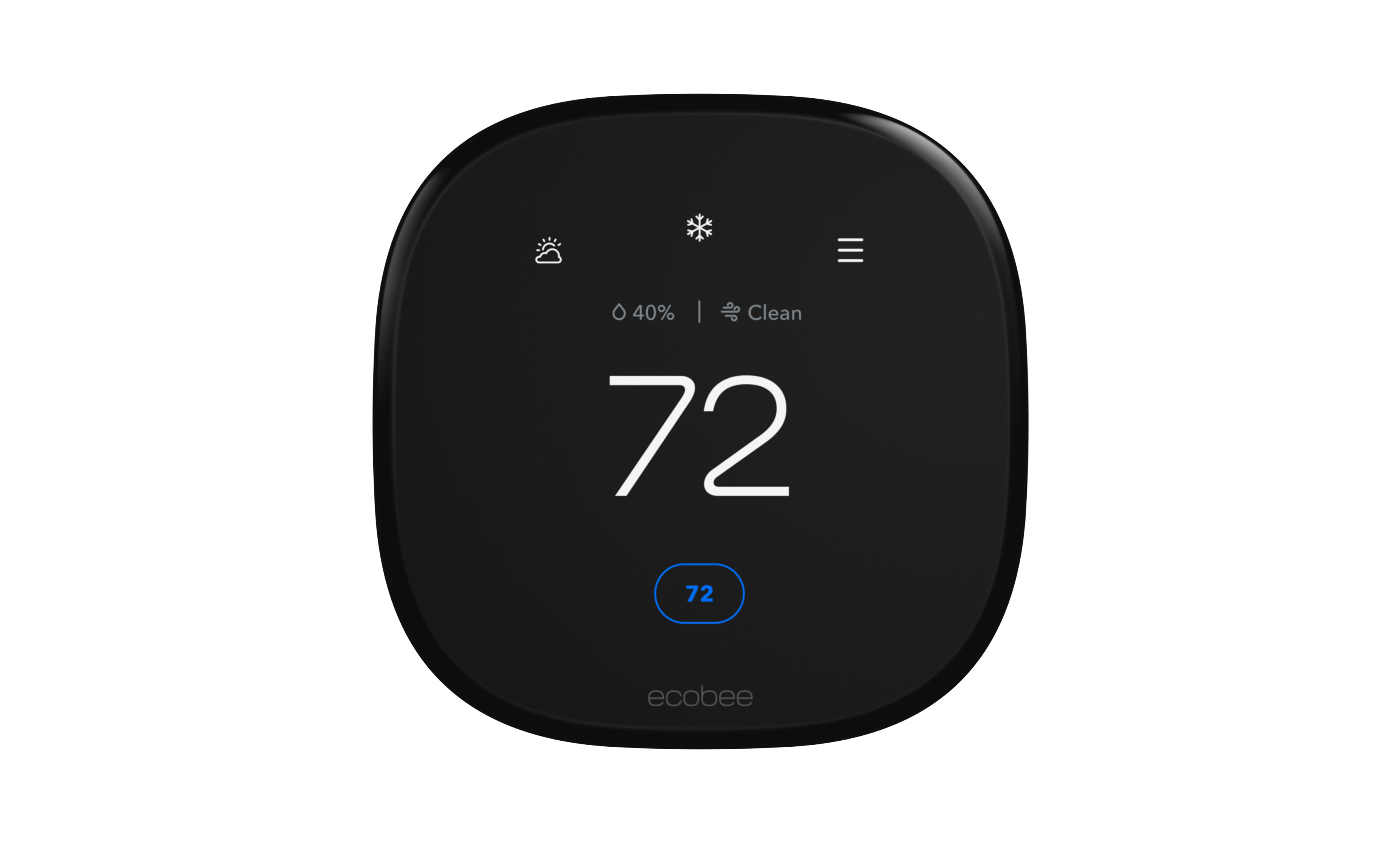 Black ecobee Smart Thermostat Premium showing a 72 degree set point