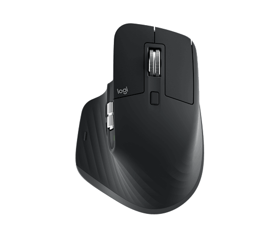 Black Logitech MX Master 3S wireless mouse viewed from above