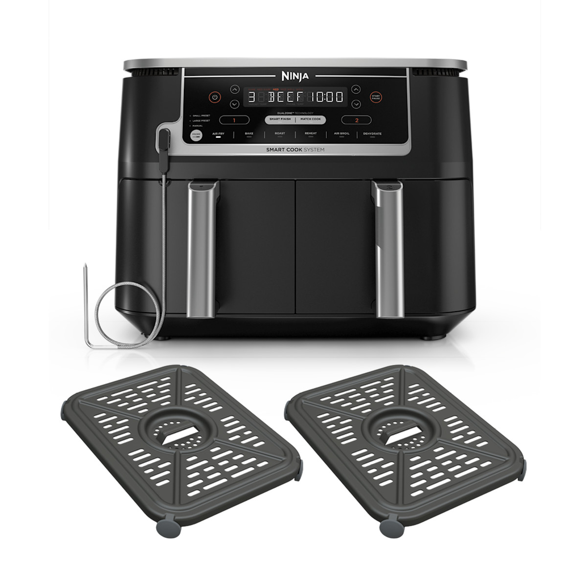 Ninja Foodi DZ550 dual-basket air fryer with thermometer and crisper plates